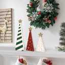 Sereliy 3PCS Wooden Christmas Tree Table Decor Red Green White Wooden Tree Sign with Star for Christmas Home Shelf Mantel Fireplace Party Decor (Pattern)