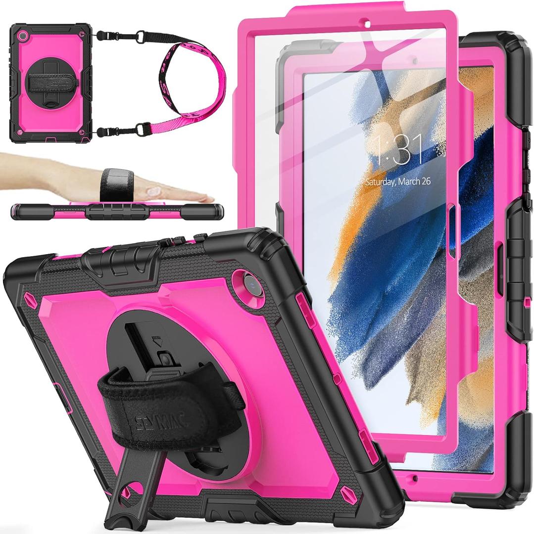 SEYMAC stock Case for Samsung Galaxy Tab A8 10.5'', Full-Body Drop Protection Case with Screen Protector, Pencil Holder [360 Rotating Hand Strap] & Stand, Pink + Black