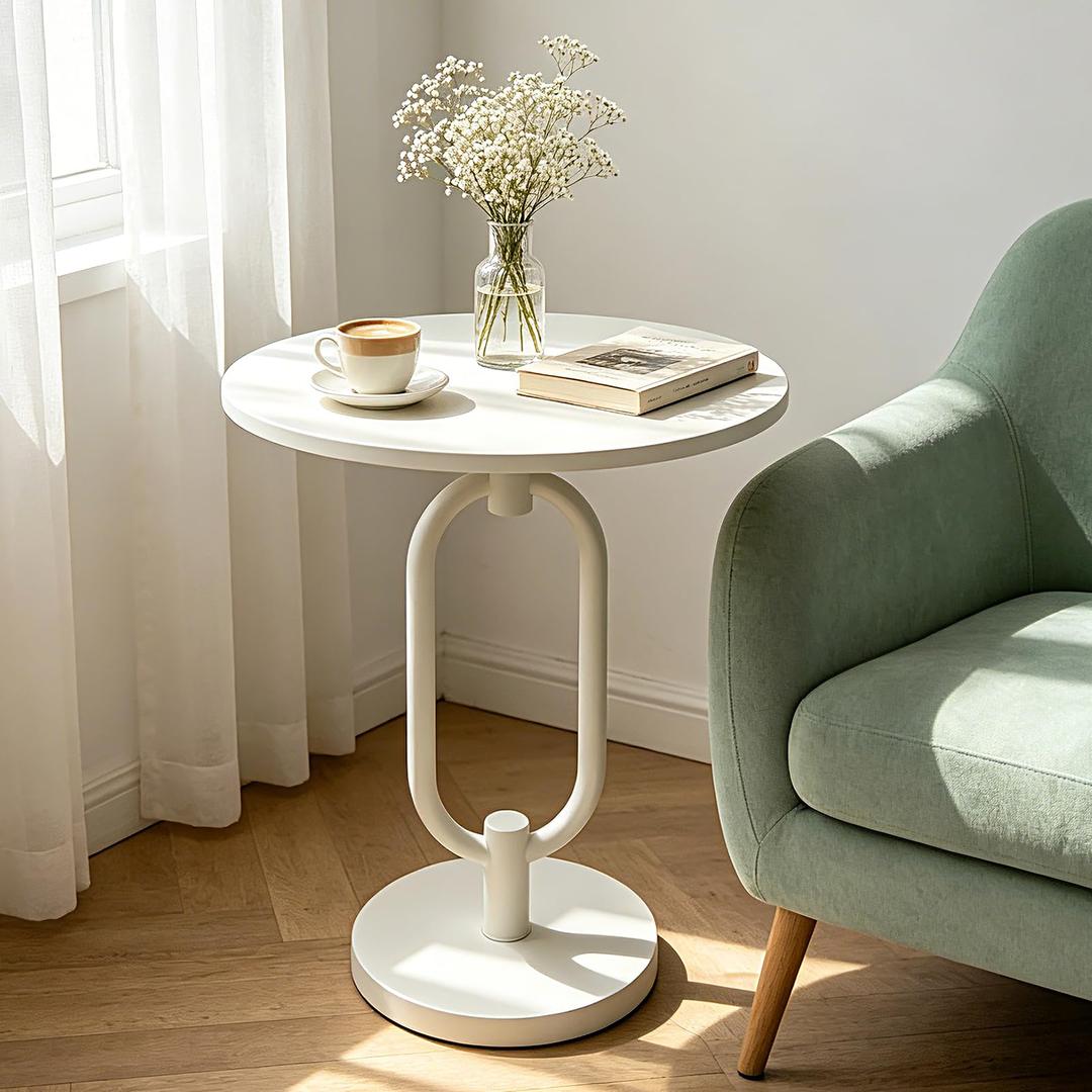 Lightdot White Round Side Table Modern End Table Stable Small Sofa Side Table with Heavy Duty Metal Base Integrated Accent Coffee Table Easy Assemble Nightstand for Living Room Bedroom