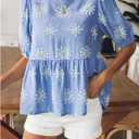 SweatyRocks Women's Floral Print Puff Sleeve Bow Blouses Summer Boho Ruffle Peplum Tops (Blue, S)