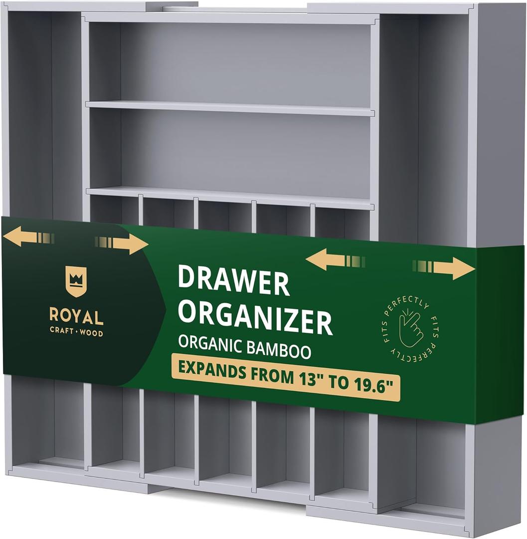 ROYAL CRAFT WOOD Luxury Bamboo Kitchen Drawer Organizer - Silverware Organizer - Utensil Holder and Cutlery Tray with Grooved Drawer Dividers for Flatware and Kitchen Utensils (9 Slot, Gray)