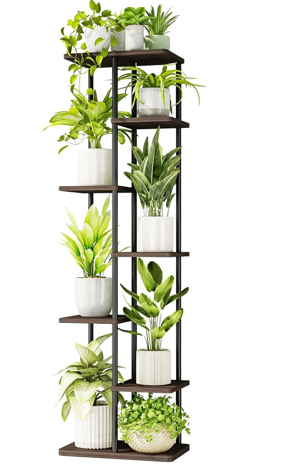 Solatmos Bamboo Plant Stand With Grow Lights Indoor Plants Outdoor Corner Plant Shelf Flower Stands for Living Room Patio Garden Corner Balcony (Brown, 7 Tier)