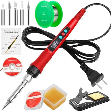 Soldering Iron Kit, 100W LED Digital Solder Gun kits with Ceramic Heater, Adjustable Temperature Welding Tools with Tips, Wick Braid, Stand, Solders Wire, Sponge, Flux Paste