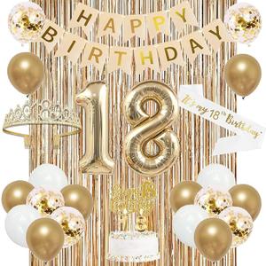 Trgowaul Happy 18th Birthday Decorations for Girls, Banner, Sash and Crown, Cake Topper, 18 Number Balloon, Fringe Curtains, Champagne Gold 18th Birthday Party Supplies