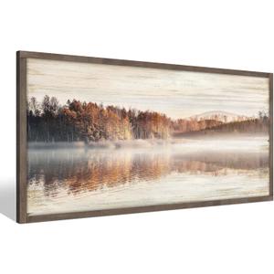 Fall Landscape Framed Wall Art: Lake Scene Wooden Picture Autumn Forest Scenic Painting Nature Scenery Prints Large Artwork for Home Office (60"L x 30"W)