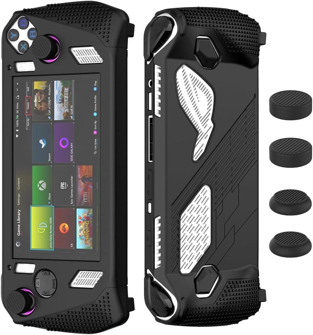 for Rog Ally Stand Protective Case, Silicone Accessories Protector, Soft Cover Skin Shell with 2 Pairs Thumb Grips Caps, Full Protection Kickstand for ASUS Rog Ally Handheld 2023(Black)