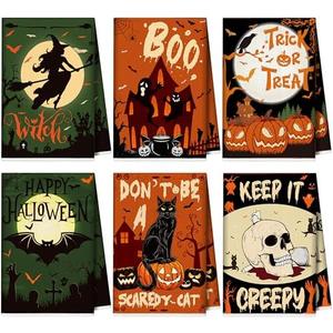 Eternity sky 6Pcs Halloween Kitchen Hand Towels：Ghost Trick or Treat Pumpkin Cat Bat Skull Tea Towel Dish Set Decorations for Holiday Bathroom Decor