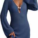 Dokotoo Beach Cover Ups for Women Sexy Deep V Neck Crochet Swimsuit Knit Hollow Out Cover Up Dress Summer Vacation, XL