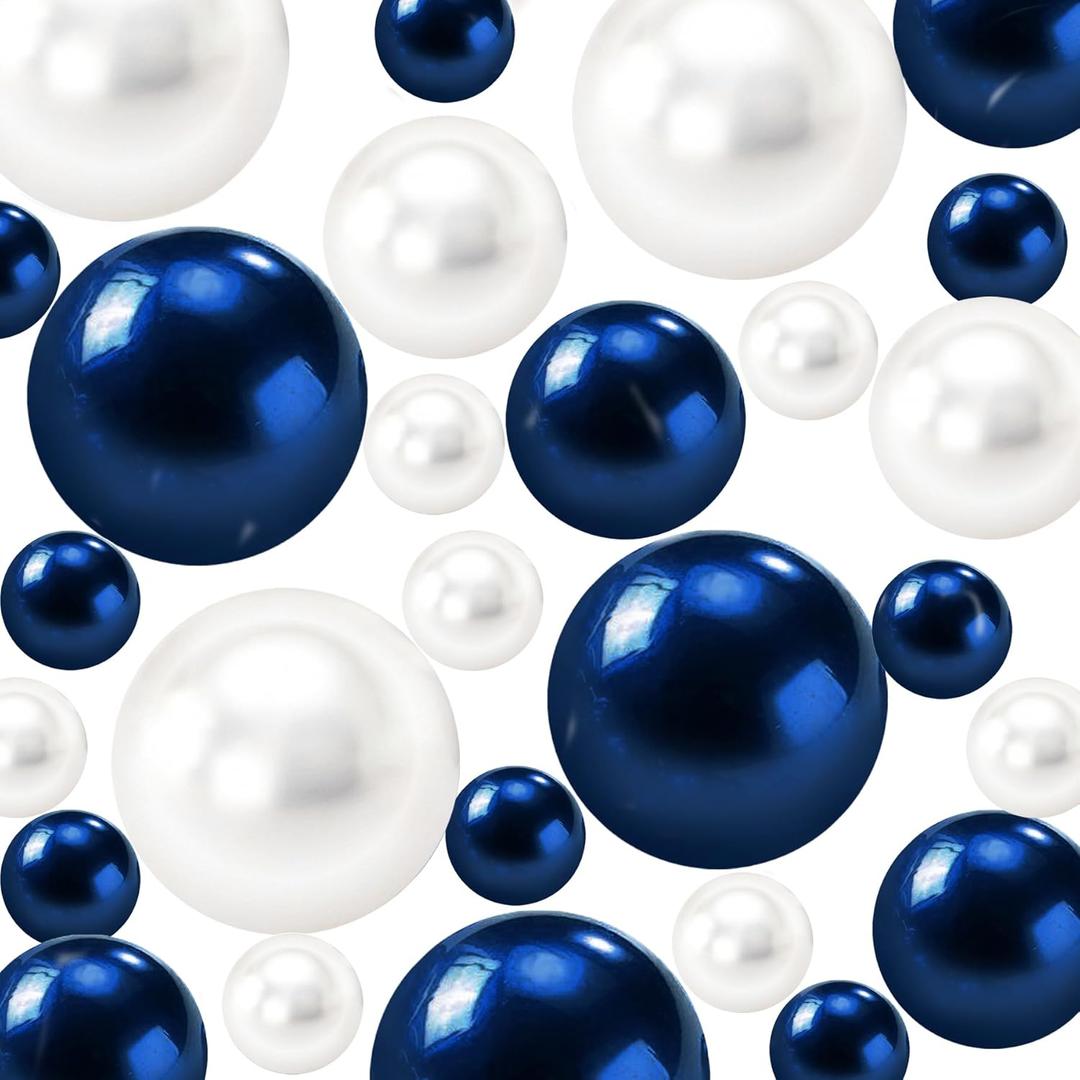 200Pcs Navy Blue&White Vase Filler Pearl Beads for Centerpieces Vases, No Hole Faux Polish Pearls for Floating Candle Home Birthday Wedding Party Table Decor8/14/20mm