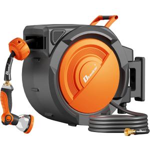 5/8"  110 ft Retractable Hose Reel, Heavy Duty Retractable Garden Hose Reel Wall Mounted with 10-Pattern Hose Nozzle/Any Length Lock/Slow Return System/180Swivel Bracket, Orange
