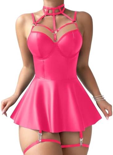 Foxiny Sexy Strappy Leather Underwire Choker Garter Belt Mini Lingerie Set Dress with Thong 3 Piece, Size L