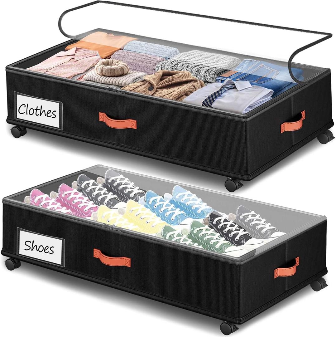 Under Bed Storage with Wheels 2-Pack, Under Bed Storage Containers 66L Clear Lids, Rolling Storage Drawers for Clothes Shoes Blankets, Underbed Organizer Bins(30" L x 16.2" W x 7.5" H) (DeepDrak)