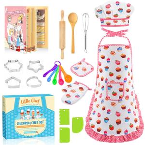 Toyze Birthday Gifts for 3-8 Year Old Girls Cute Stuff Apron for Girls Kids Cooking Sets Toddler Toys Kids Chef Hat and Apron Easter Christmas Stocking Stuffers White-with Cookbook