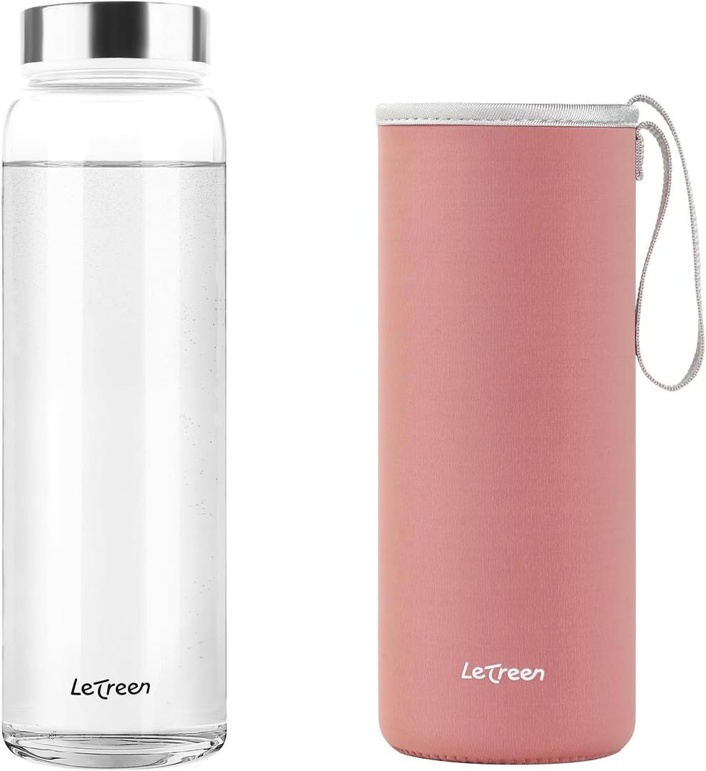 Glass Water Bottle 32 oz, Borosilicate Wide Mouth Glass Water Bottle with Neoprene Sleeve, BPA-Free Leak Proof Reusable for Hot Cold Drinks, Work, Gym, Home, 1 Pack (Pink)