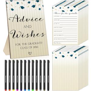 GlikCeil 113 Pcs Class of 2026 Graduation Party Favors Include 1 Advice and Wishes Wooden Sign 100 Graduation Advice Cards with 12 Fineliner Ink Pens for The Graduate Class of 2026(Blue)