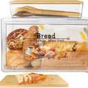 RISICULIS Large Bread Box for Kitchen Countertop, Bread Storage Container, and Utensil Organizer with Bamboo Cutting Board Lid, Clear Bin, Keeper for Homemade Bagel, Muffins, Rolls
