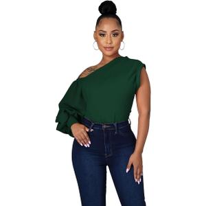 Ekaliy Women Sexy One Shoulder Sleeveless Bodycon High Low Asymmetrical Ruffle Tunics Blouse Shirt Top Dress
, Green, Size 5 XL