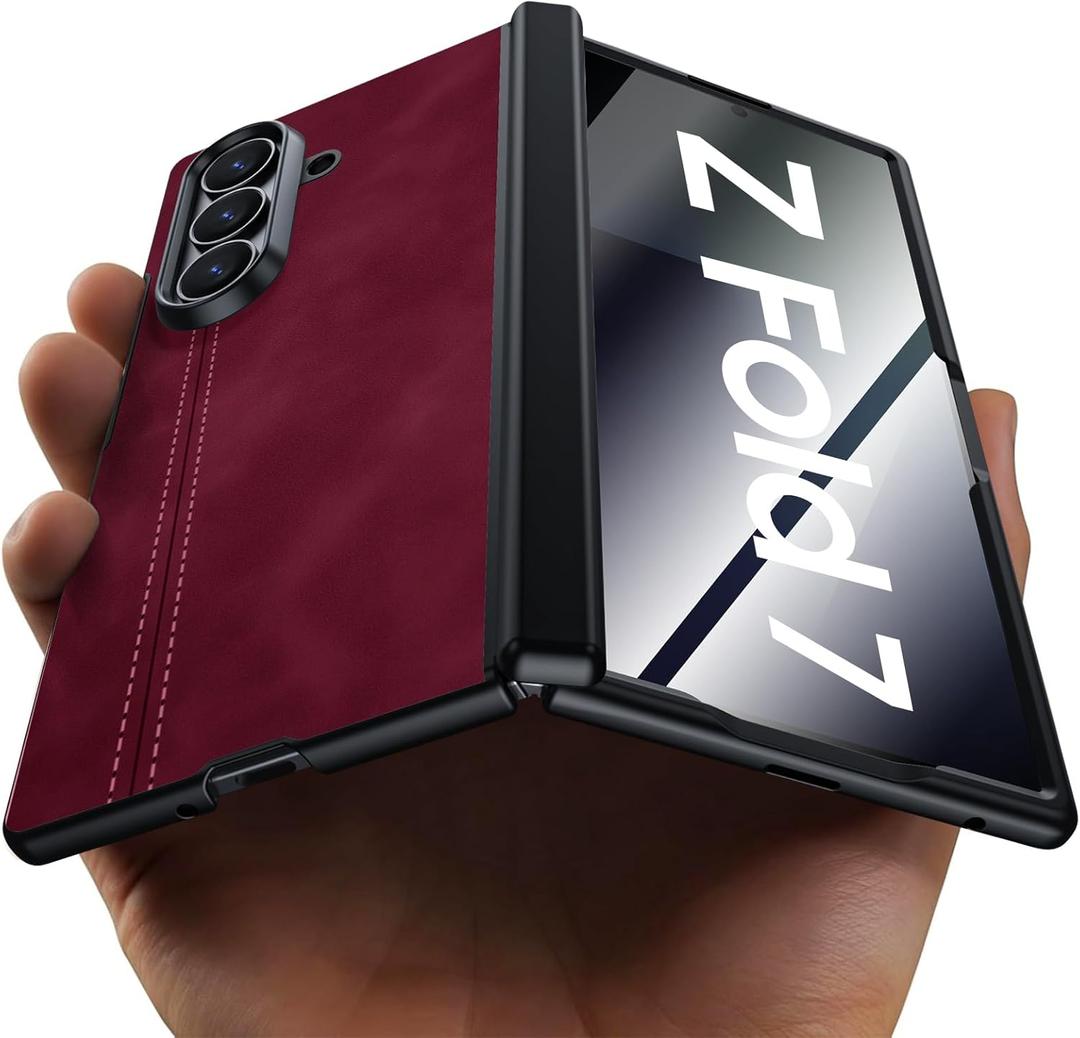 for Samsung Galaxy Z Fold 7 Case with Privacy Screen Protector & Hinge Protection, Wireless Charging, Ultra Thin Stylish Leather Matte PC Durable Shockproof Cover Phone Case for Fold 7-Red