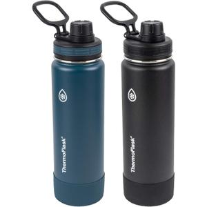 ThermoFlask Stainless Steel Water Bottles 2-Pack - Double-Wall Vacuum Insulated 24 oz BPA-Free Spout Lids - Keeps Drinks Cold 24 Hrs, Hot 12 Hrs - Leakproof, Dishwasher Safe, Mayan Blue/Black