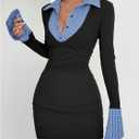 MakeMeChic Women's Spring Outfits Gingham Bodycon Mini Dress Long Sleeve Collared 2 in 1 Business Casual Dress (Black, M)