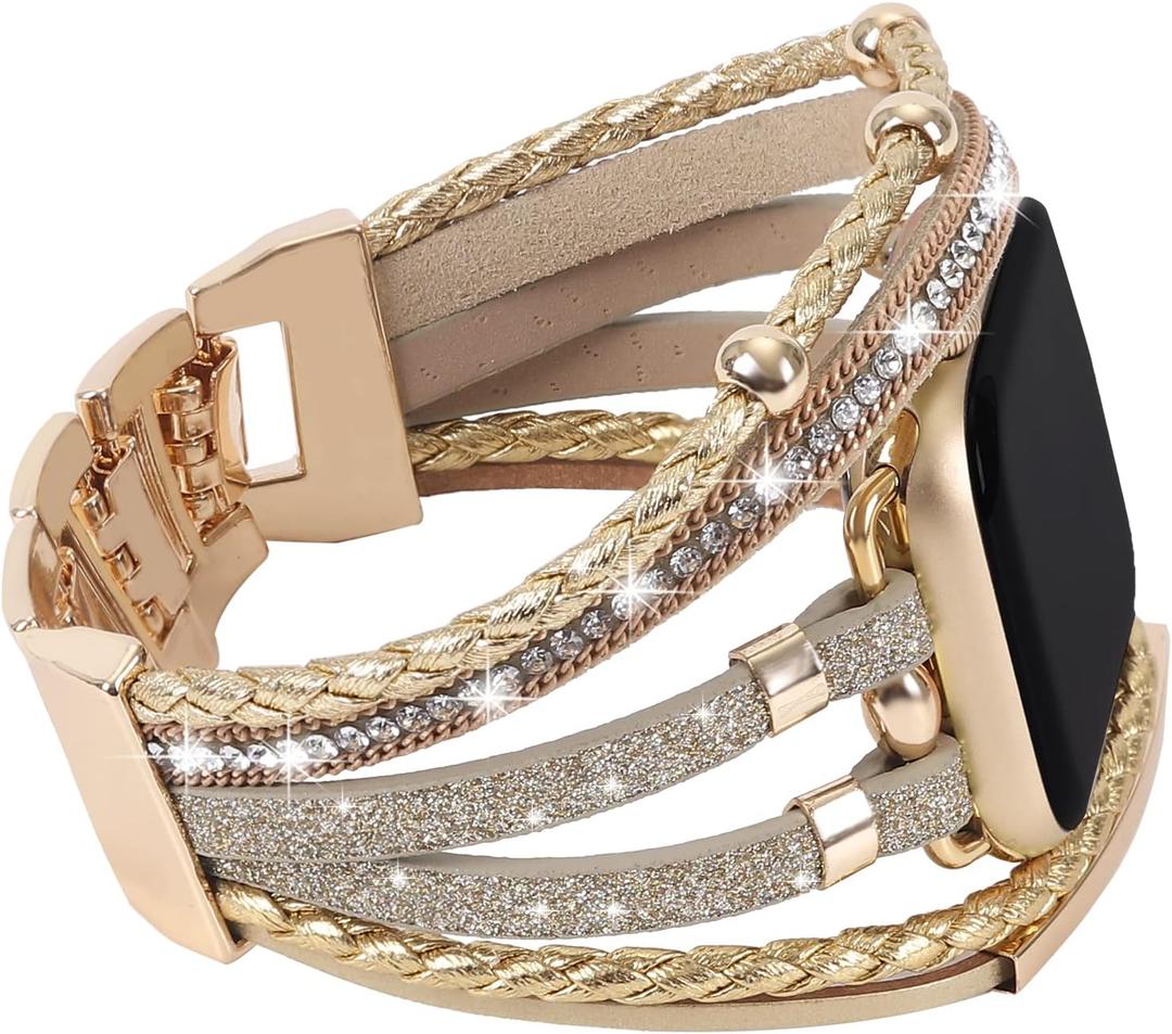 WONMILLE Posh Leather Bands Compatible with Apple Watch 41mm 40mm 38mm 45mm 44mm 42mm 49mm Women, Boho Bracelets Jewelry Multilayer Wrap Strap for iwatch Series Ultra 10 9 8 7 6 5 4 3 2 1 SE (Glitter Gold)