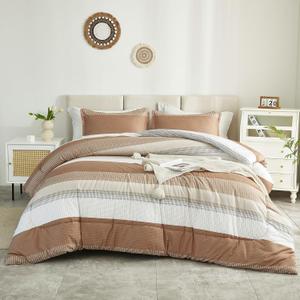 Full Size Comforter Sets Beige, 3 Pieces Lightweight Taupe Khaki White Colorblock Stripe Fluffy Bedding Comforter Sets, All Season Bed Set
