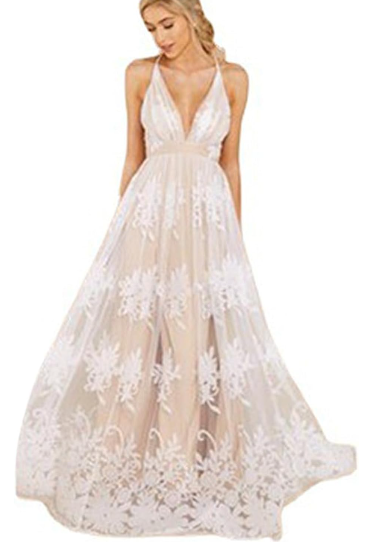 Women’s Casual Boho Floral Lace V-Neck Dress Embroidery Cocktail Maxi Dress Bridesmaid Wedding Evening Party, L
