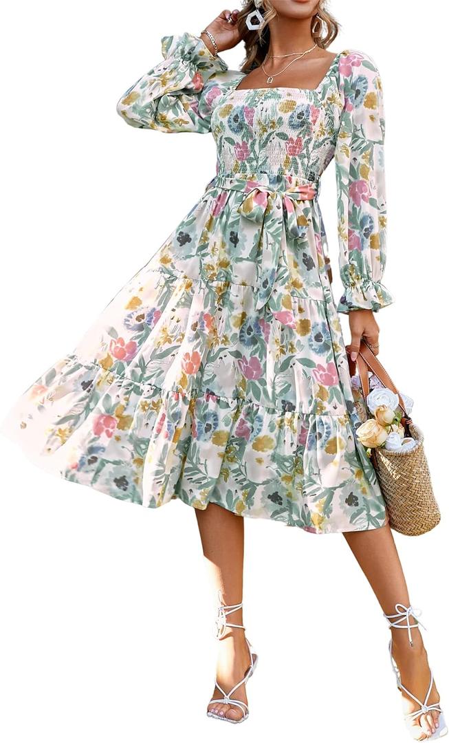 Glamaker Women's Short Sleeve Smocked Square Neck A Line Summer Flowy Maxi Long Dress Large, Multicoloured