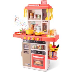Kids Kitchen Play SetInteractive Kids Kitchen Play Set with 50Pcs of Pretend Kitchen ToysRealistic Sound Effectsand Simulated Functionality - Suitable for Toddlers Aged 3-5 Years(Pink)