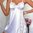 Women's Lace Satin Babydoll Lingerie Bowknot Spaghetti Strap Split Chemise Nightgowns Sleep Dress (White, S)