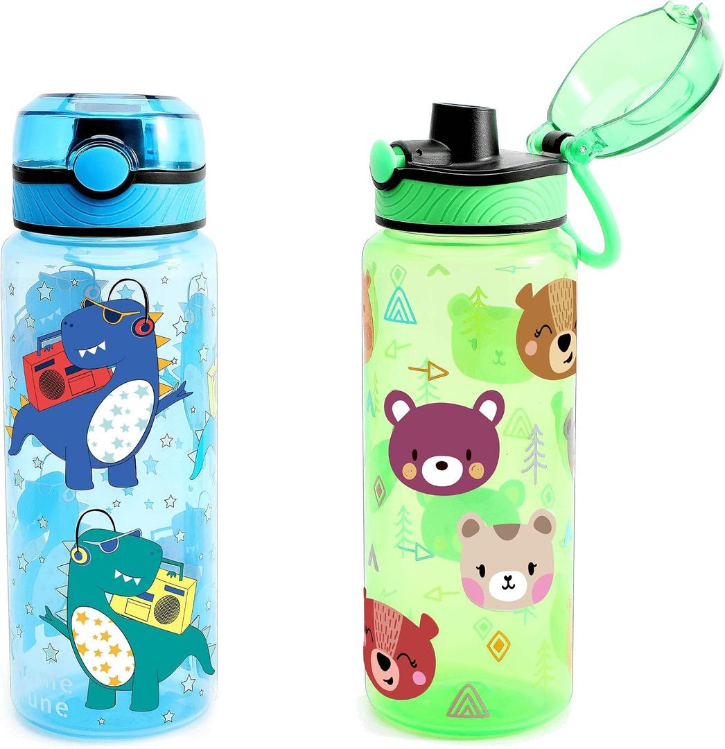 23oz Kids Water Drinking Bottle 2 Pack - BPA Free, Auto Push Button, Chug Lid, Carry Loop Lightweight, Spill-Proof Water Bottle with Cute Design For Girls & Boys - Dinosaur & Bear