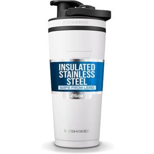 Ice Shaker Insulated Stainless Steel Shaker Bottle | 26oz, White | Cold for 30+ Hours | Insulated Cup with Twist-on Agitator | Odor-Free Bottle for Protein Shakes, Water, Smoothies, Cocktails