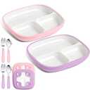 Teenyyou 1Pcs 8.2" Large Kids Porcelain Plates with Silicone Sleeves Toddlers Divided Plates Extra Deep White Porcelain Dishes 2 Pack Spoons and Forks Set Microwave Dishwasher Friendly(Purple)