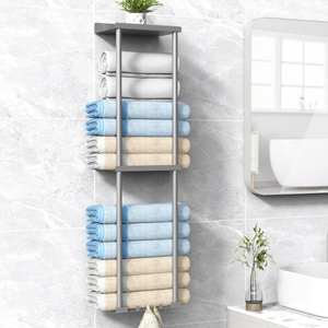 Towel Rack Storage for Bathroom, Wall Mounted Vertical Rolled Towel Organizer Holder with Shelf, Holds Up 6 Large Bath Sheets, Silver Grey