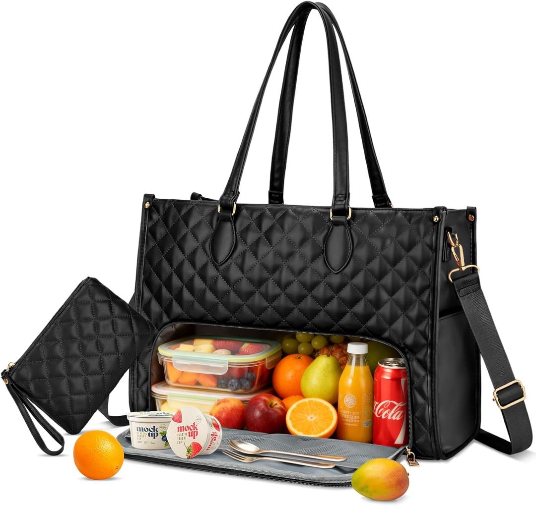 KKXIU Updated 2-In-1 Insulated Lunch Bag & 15.6 Inch Laptop Tote for Women, Large Capacity Thermal Meal Bag with Padded Laptop Compartment, Quilted Work Bag for Office, Teacher, Commuter (Black)