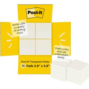 Post-it Transparent Notes, 2.8 in. x 2.8 in., Clear Sticky Notes, Second Semester School Supplies, Office Products, Great for Studying, 12 Pads