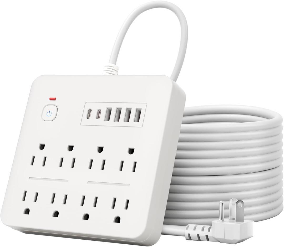 6 FT Flat Plug Surge Protector Power Strip,8 Multiple AC Outlets with 6 USB Ports (2 USB C), 6 Feet Extension Cord, 1250W/10A, One Touch Switch Button, 17 in 1 Compact powerstrip (White, 6FT)
