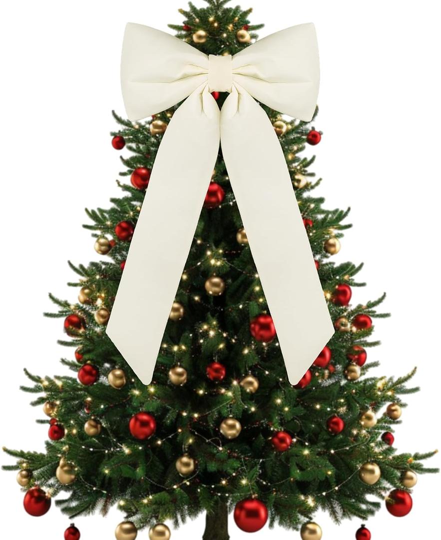 Celltestria Large Christmas Bow Ornament 15x30 Inch Velvet Giant Wreath Bows Xmas Tree Topper Ribbon Hanging Bows for Christmas Holiday Home Wall Outdoor Indoor Party Garland Decoration(Milk White)