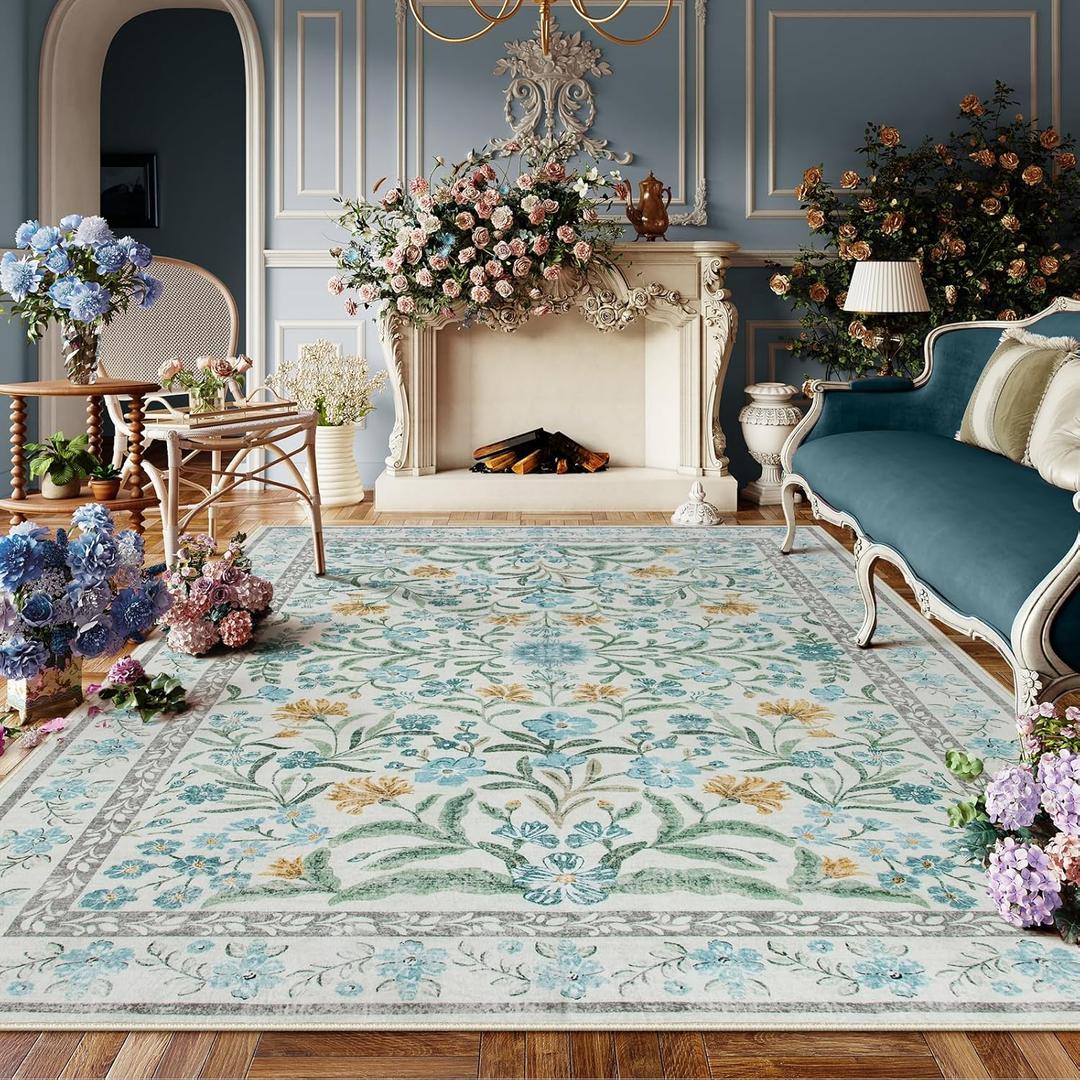 Lahome Light Blue Bedroom Rug 8x10 Under Bed, Boho Washable Rugs for Living Room Nursery, Soft Wool Vintage Low Pile Carpet for Dining Room Girls