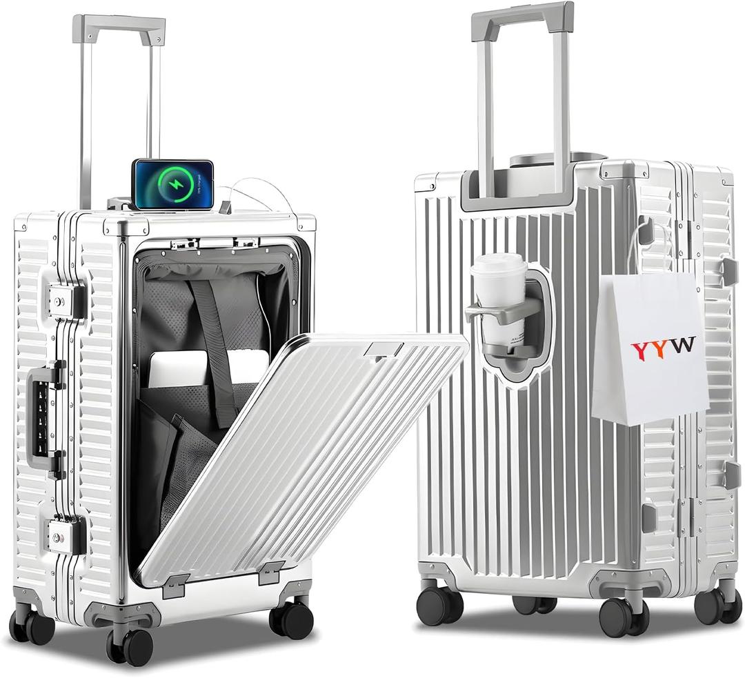 YYW All Aluminium Luggage With Spinner Wheels Lightweight PC hardside Rolling Suitcase, Built-In TSA lock Carry on Suitcase, with Cup Holder, USB Port, Phone Holder (Silver,20inch/35x23x55cm)