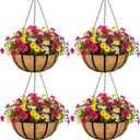 4pcs 16 inch Metal Hanging Baskets Round Wire Plant Stand with Coco Lining Cushion Decorative Planter Hanger Garden Indoor Outdoor Watering Hanging Basket BT
