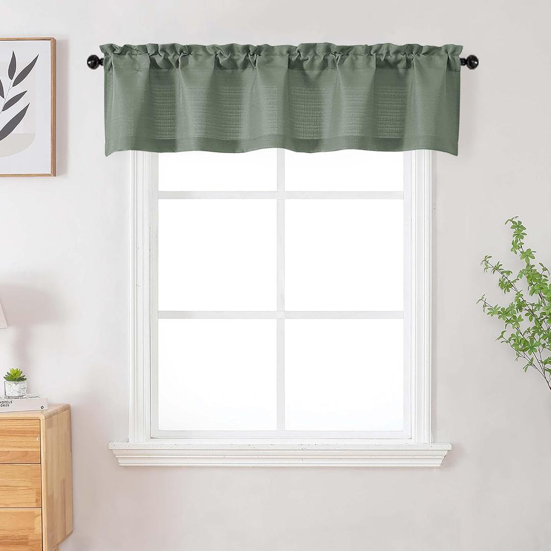 4 x Sage Green Valances for Windows, Faux Linen Textured Short Curtains for Bathroom Basement Cafe Small Window, Modern Solid Rod Pocket Curtains, Sage Green, 1 Pcs Each 60Wx14L Inch