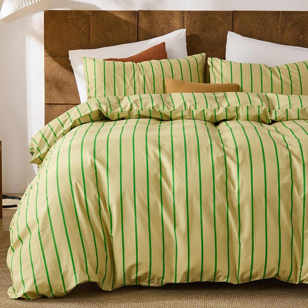 Merryword Striped Duvet Cover Set Queen Size - 100% Cotton Duvet Cover Set, Khaki & Green Stripes Pattern Comforter Cover 3 Pieces, Soft Linen Like Bedding Set for All Seasons