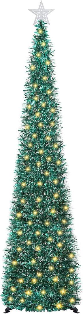 SINTENILL 6 FT Pop Up Christmas Tree with 100 LED Timer Lights & Remote, Green Collapsible Christmas Tinsel Tree Artificial Pencil Tree Xmas Decoration for Holiday Home Office Party, USB Powered