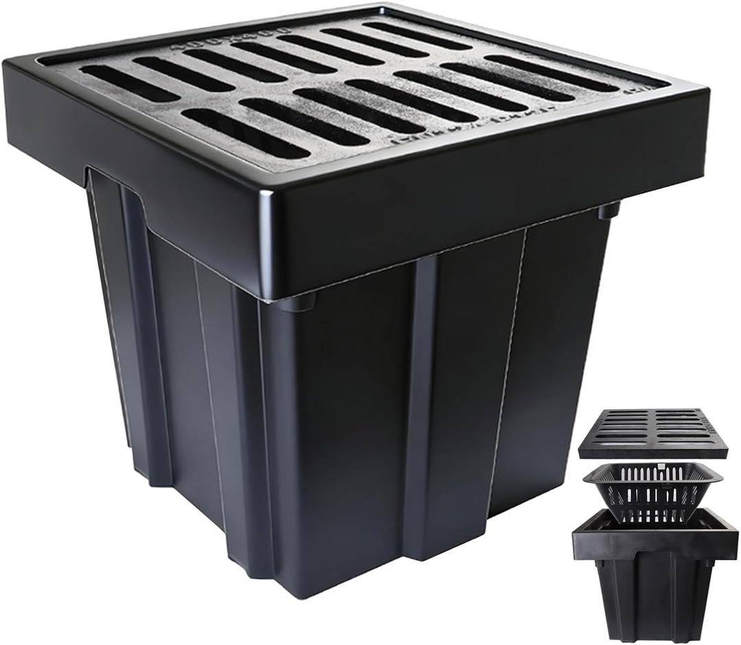 Catch Basin with Cast Iron Grate,18x18x15in Heavy Duty Catch Basin for Drainage with Debris Basket, Square French Drain Basin Without Reserved Hole for Driveway,Yard, Patio,Downspou, Lawn Commercial.