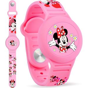 Waterproof Airtag Bracelet for Kids, Cute Cartoon Silicone Air Tag Holder Hidden Design, Light Weight Compatible with Apple AirTag Wristband for Child, Pink