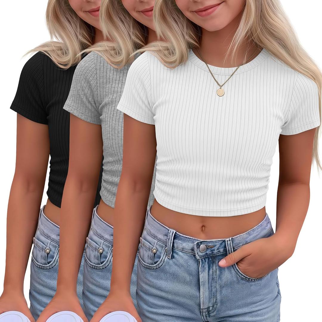 3 Pack Girls' Crop Tops Short Sleeve Teen Ribbed Crew Neck T Shirts Kids Fitted Side Ruched Summer Casual Tees 11-12y