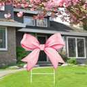 FYSUIMU Pink Bow Metal Garden Stakes Watercolor Bow Knot Decorative Lawn Sign Cute Welcome Yard Sign for Home Outside Lawn Porch Walkway Decor