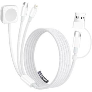 Travel Charger for Apple Watch, 3 in 2 Multi Charging Cable/Cord with Lightning/USB C/iWatch Charger, Travel Chargers for Multiple Devices, Compatible with iWatch Series/iPhone 17-8/iPad/AirPods 4FT (White)