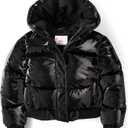The Children's Place Girls' Water and Wind Resistant Hooded Zip Front Bomber Puffer Jacket (Black, S)